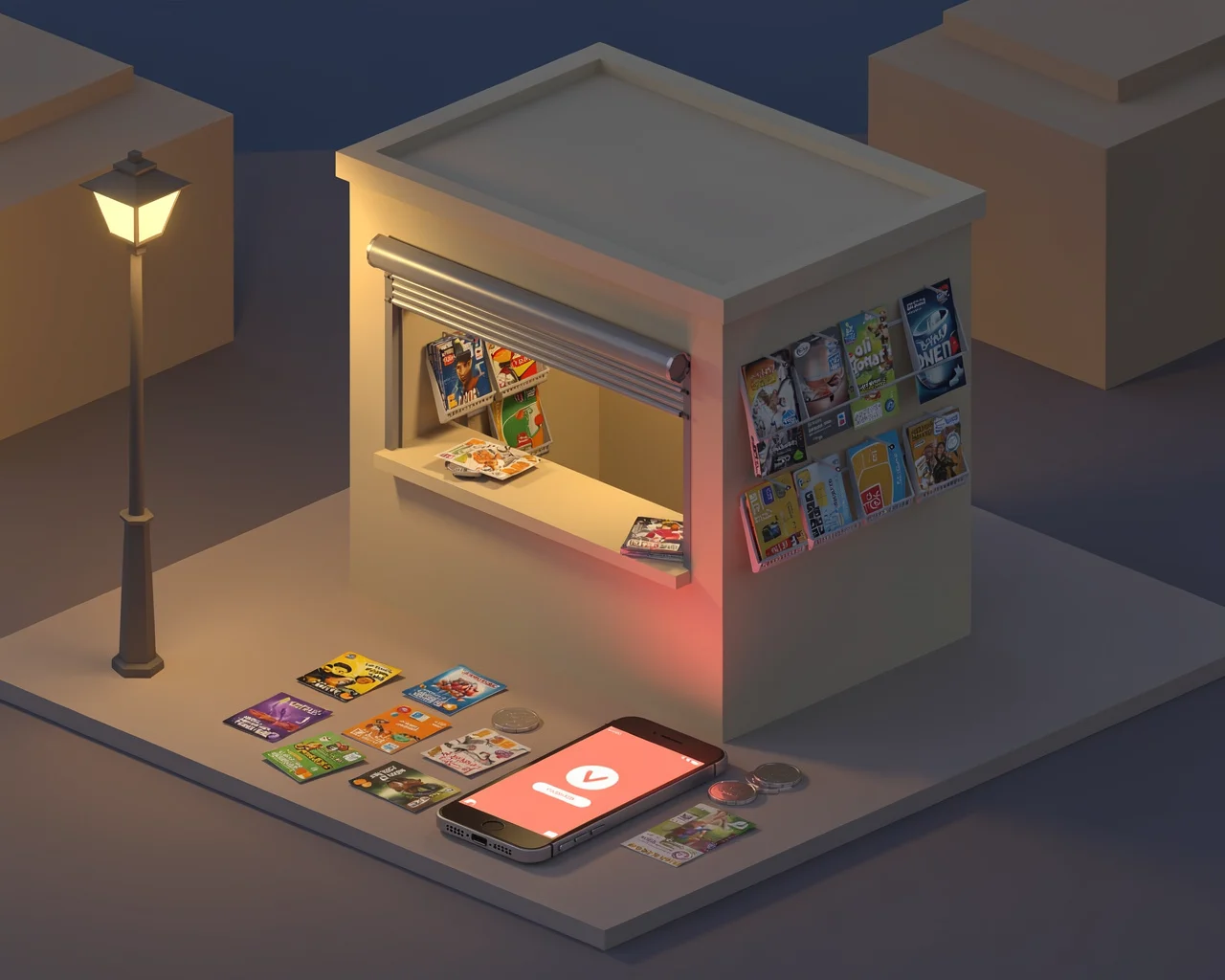 A kiosk selling game credit at night